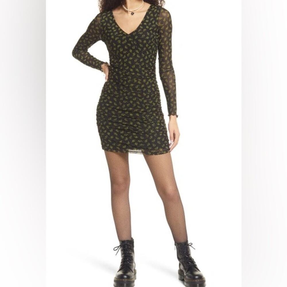 BP. Ruched Long Sleeve Body-Con Dress in Black Bella Rose Floral Women’s Sz S